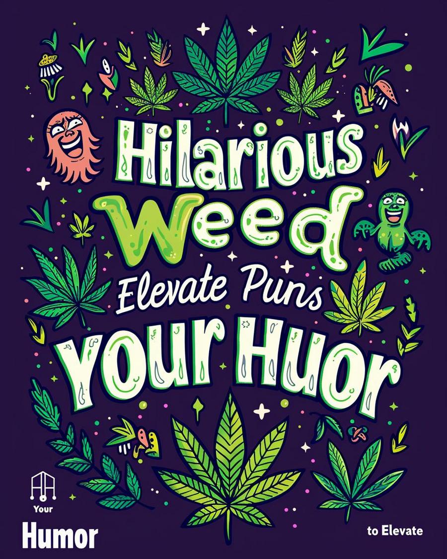 A colorful display of funny weed puns on a cannabis culture background.