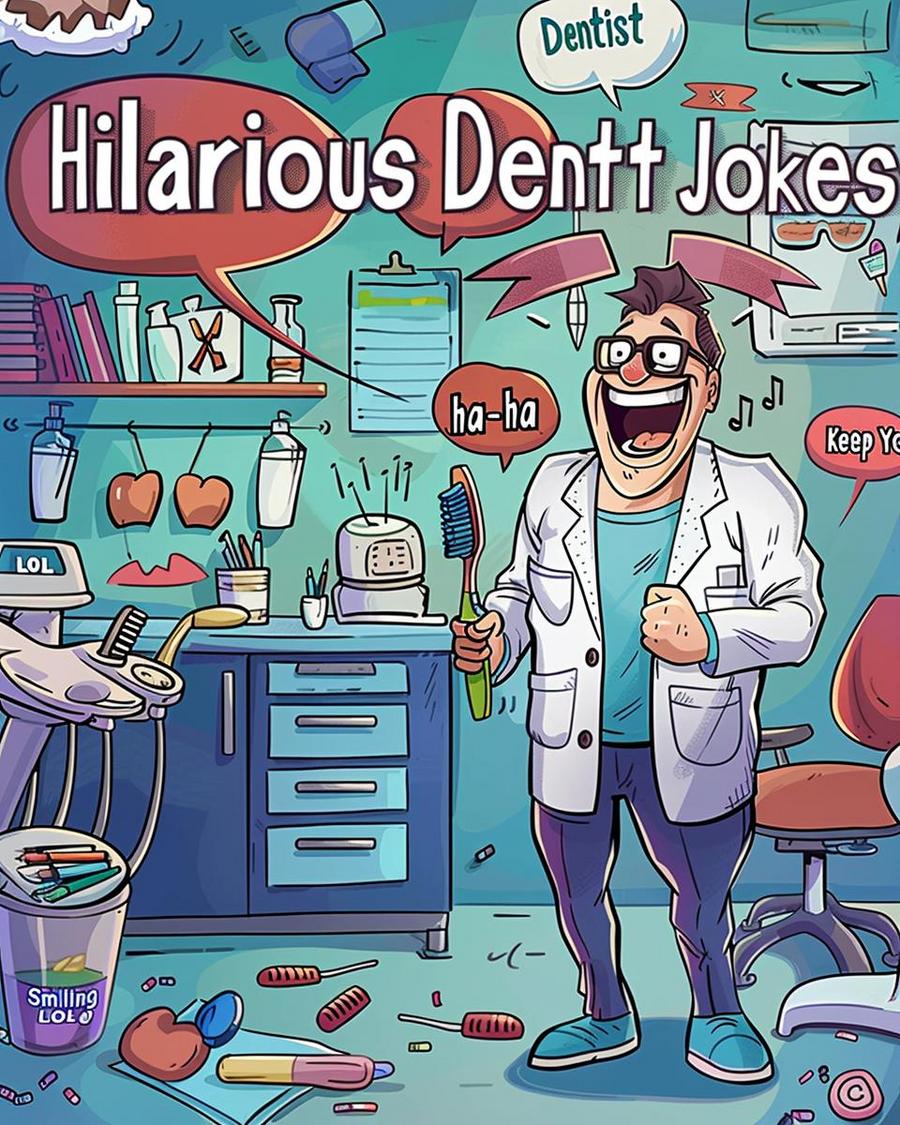 Laughing patient enjoying dentist jokes during a dental procedure in a clinic.