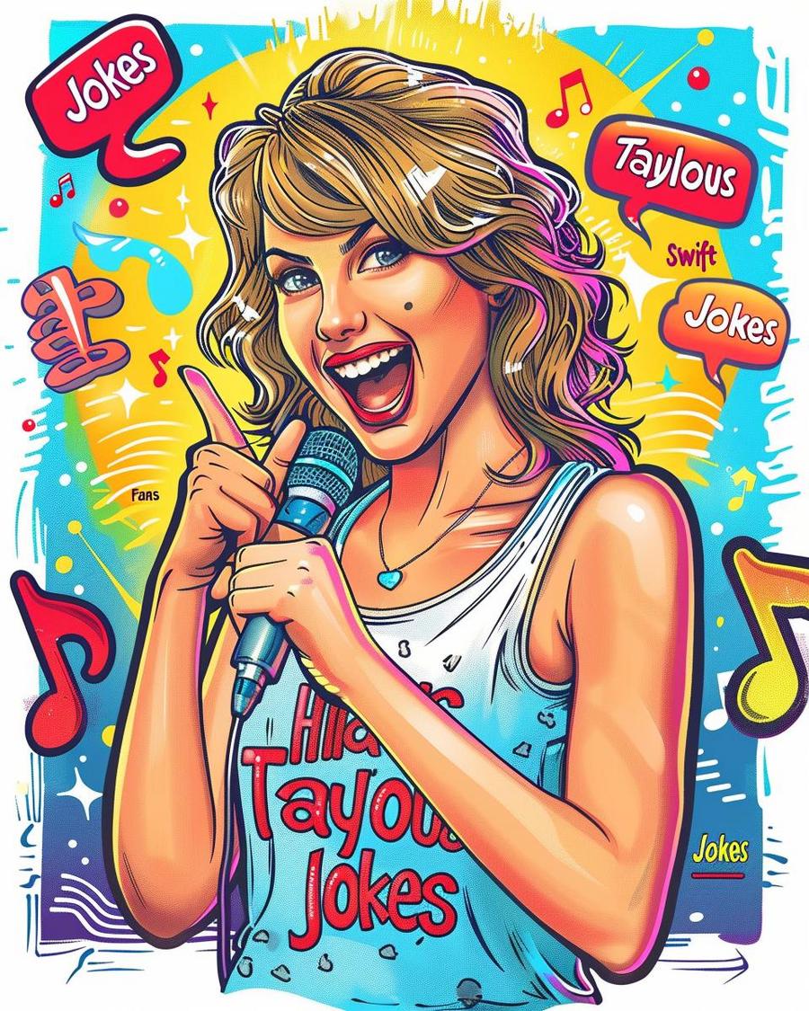 Taylor Swift jokes displayed in a colorful infographic about her music and lyrics.