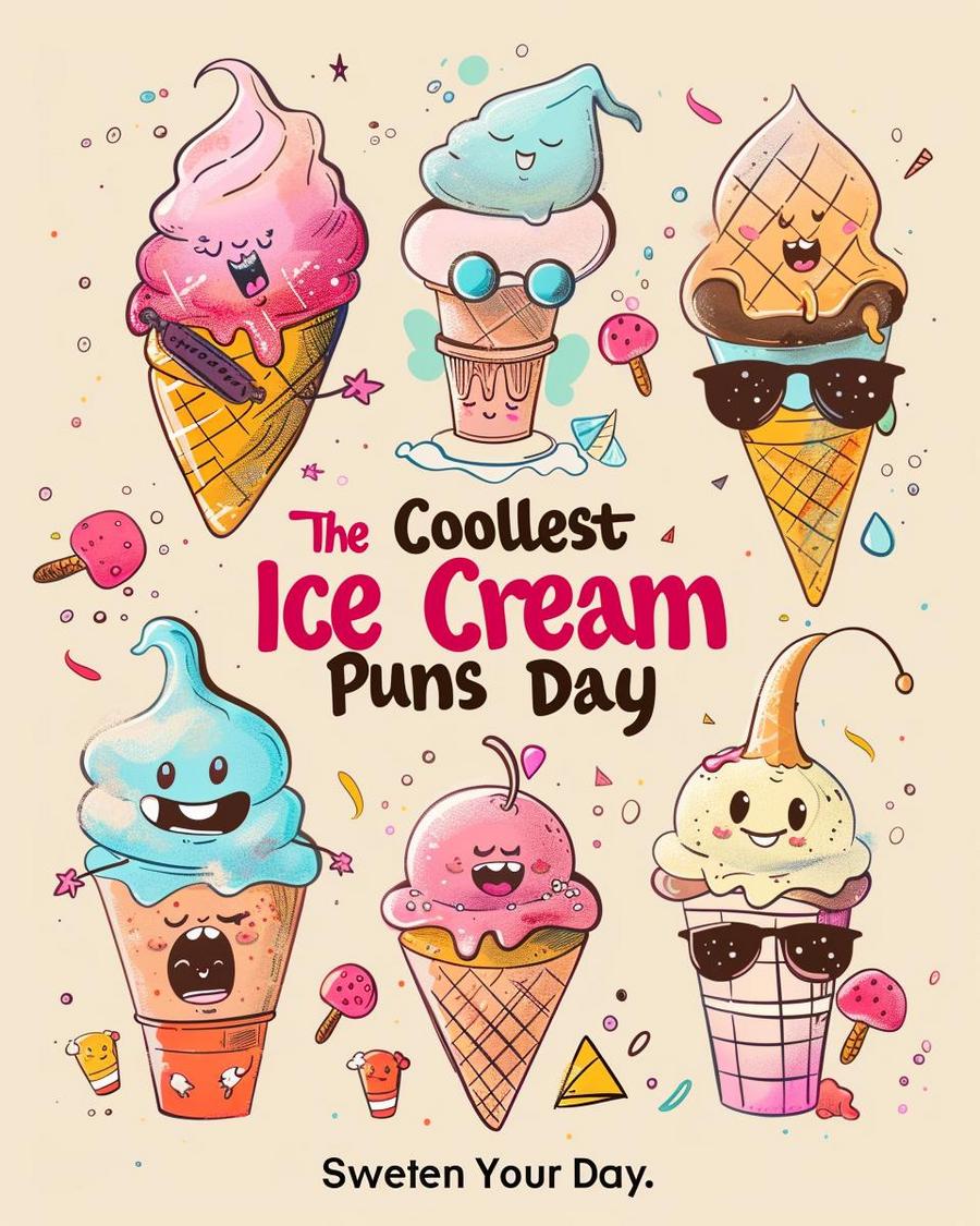 Collection of the top ice cream puns depicted with flavorful, fun illustrations.