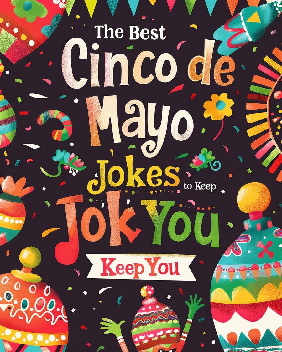 Colorful taco and margarita with text overlay: Cinco de Mayo jokes for a tasty celebration.