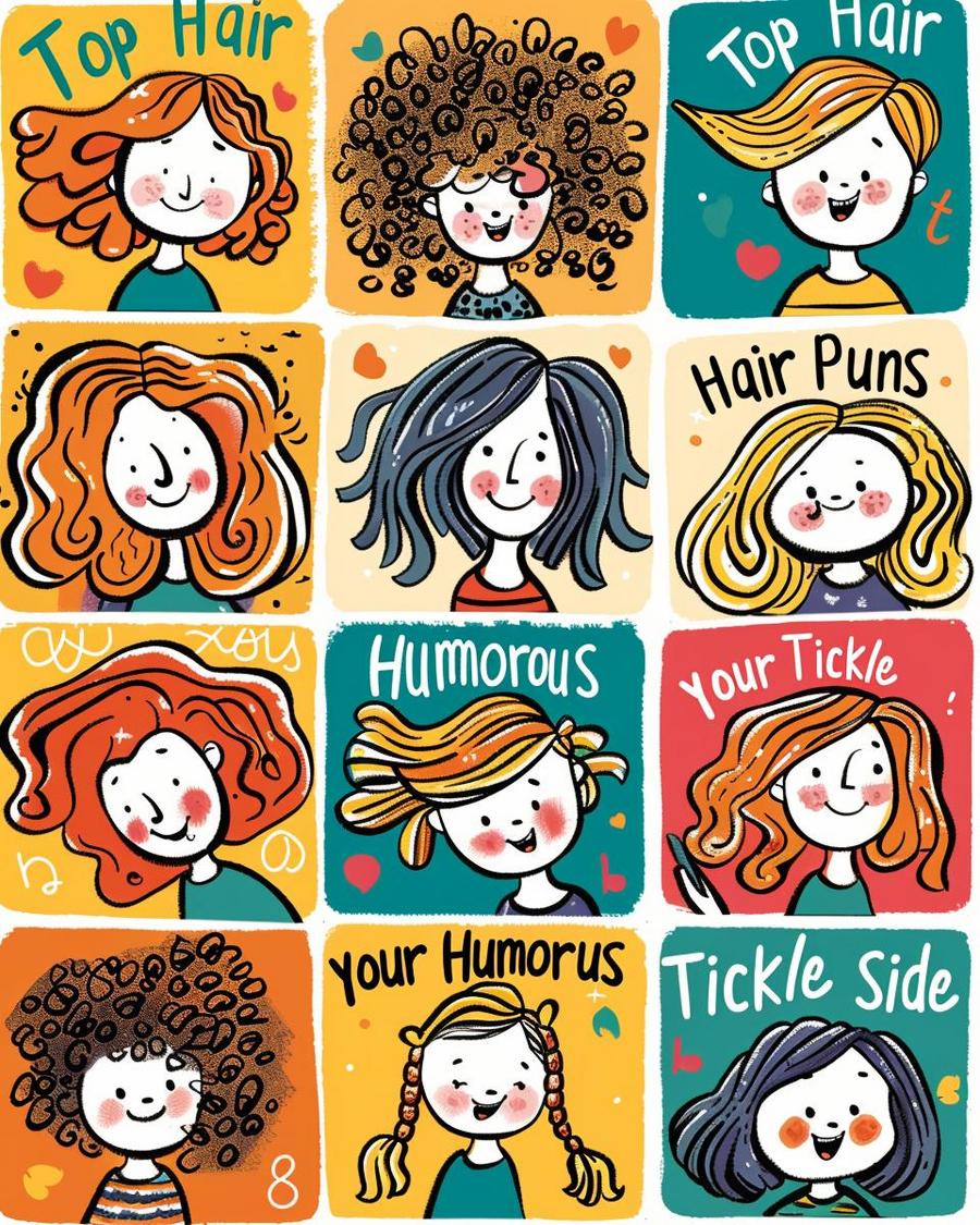 Smiling woman holding hairbrush with funny hair puns text in colorful design.