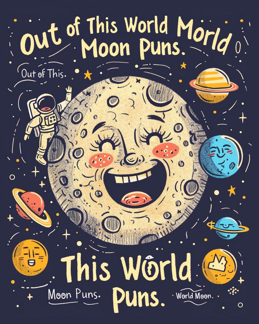 Clever lunar wordplay and moon puns creating humorous visual interpretations of moon terminology.