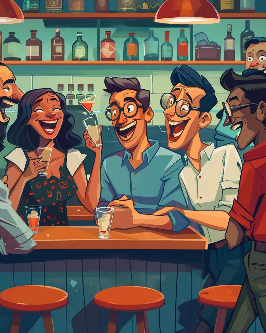 Various professionals sharing 'walk into a bar jokes' at a lively downtown tavern.