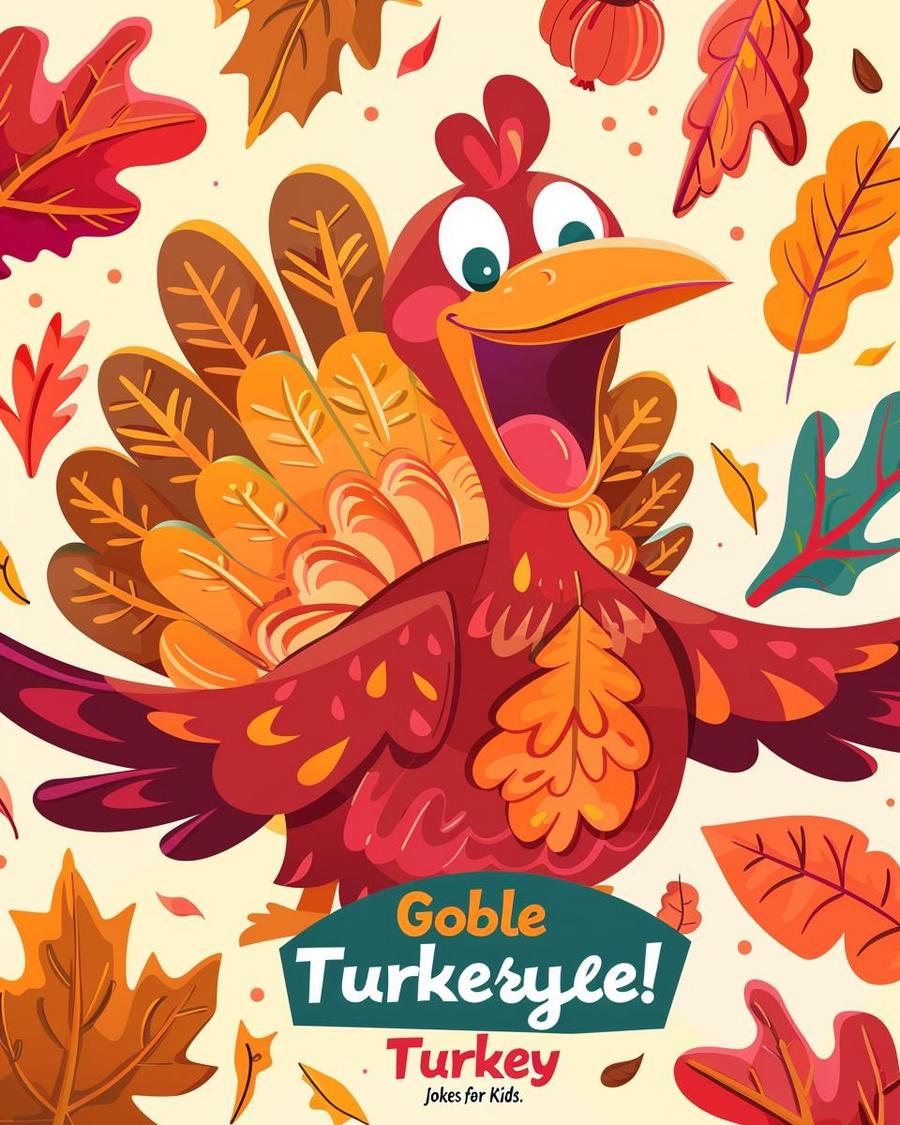 Cartoon turkey holding a sign with turkey jokes for kids, smiling in a festive scene.