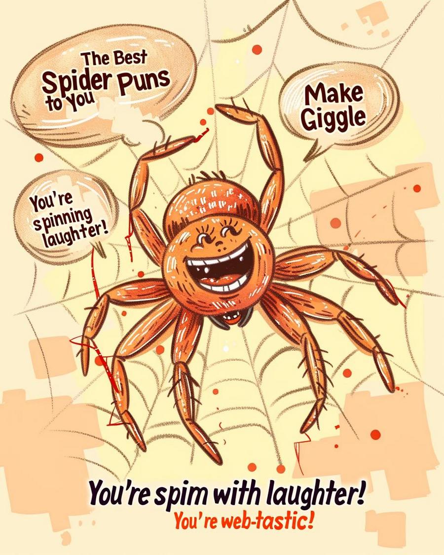 Spider puns entwined in Web of Deceit: Silken Traps and Clever Quips illustration.