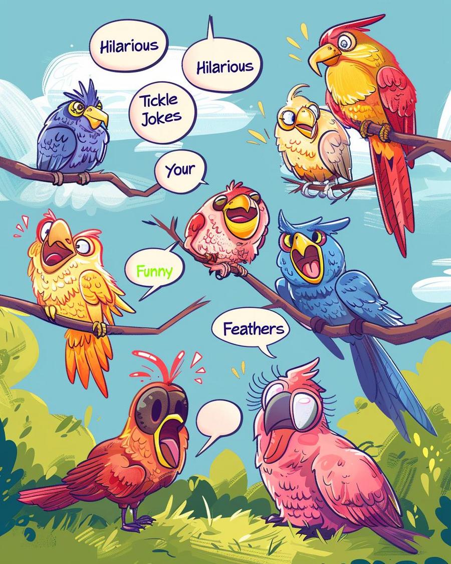 Illustration of people laughing at bird jokes showcasing why they're the perfect pick-me-up.