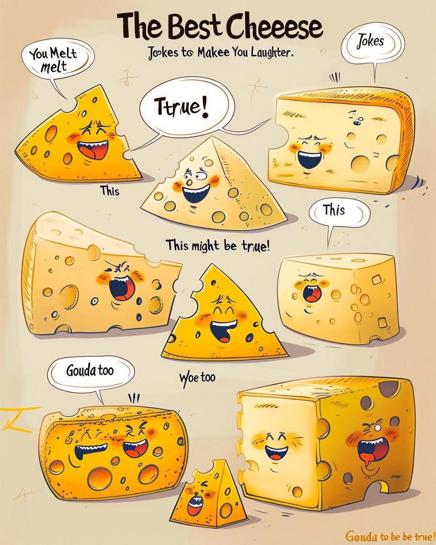 Collection of cheese jokes that melt our hearts illustrated with hilarious puns.