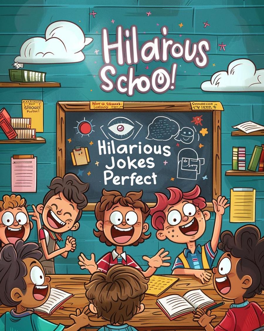 Children laughing together reading a book of kid jokes about school outdoors