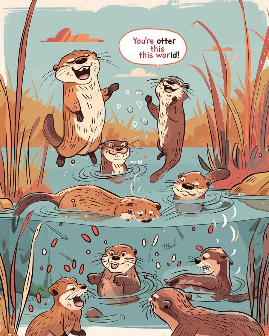 Otter holding a sign with hilarious otter puns, causing a laughter splash.
