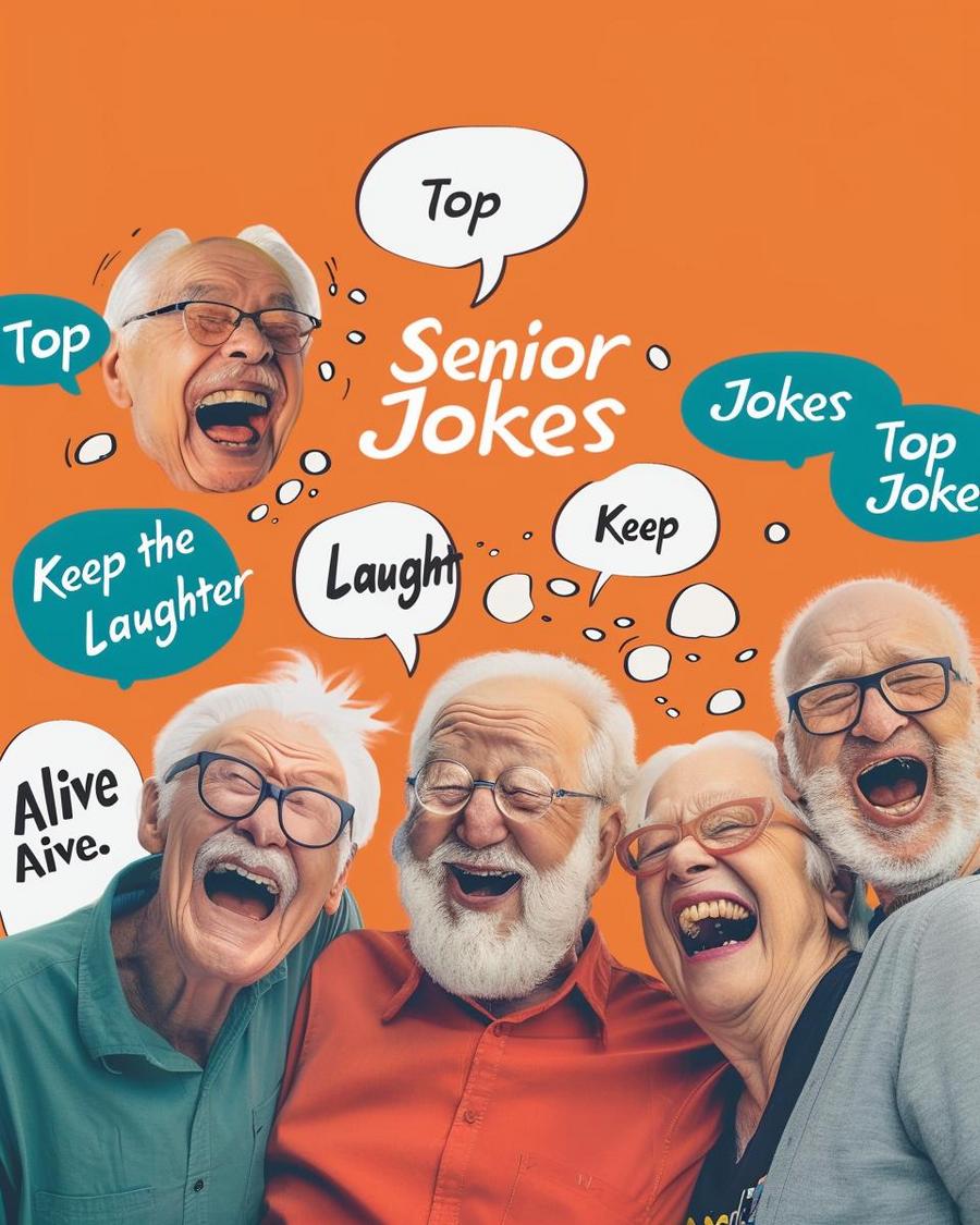 Seniors laughing at age-related puns and jokes, embracing the golden years with humor.