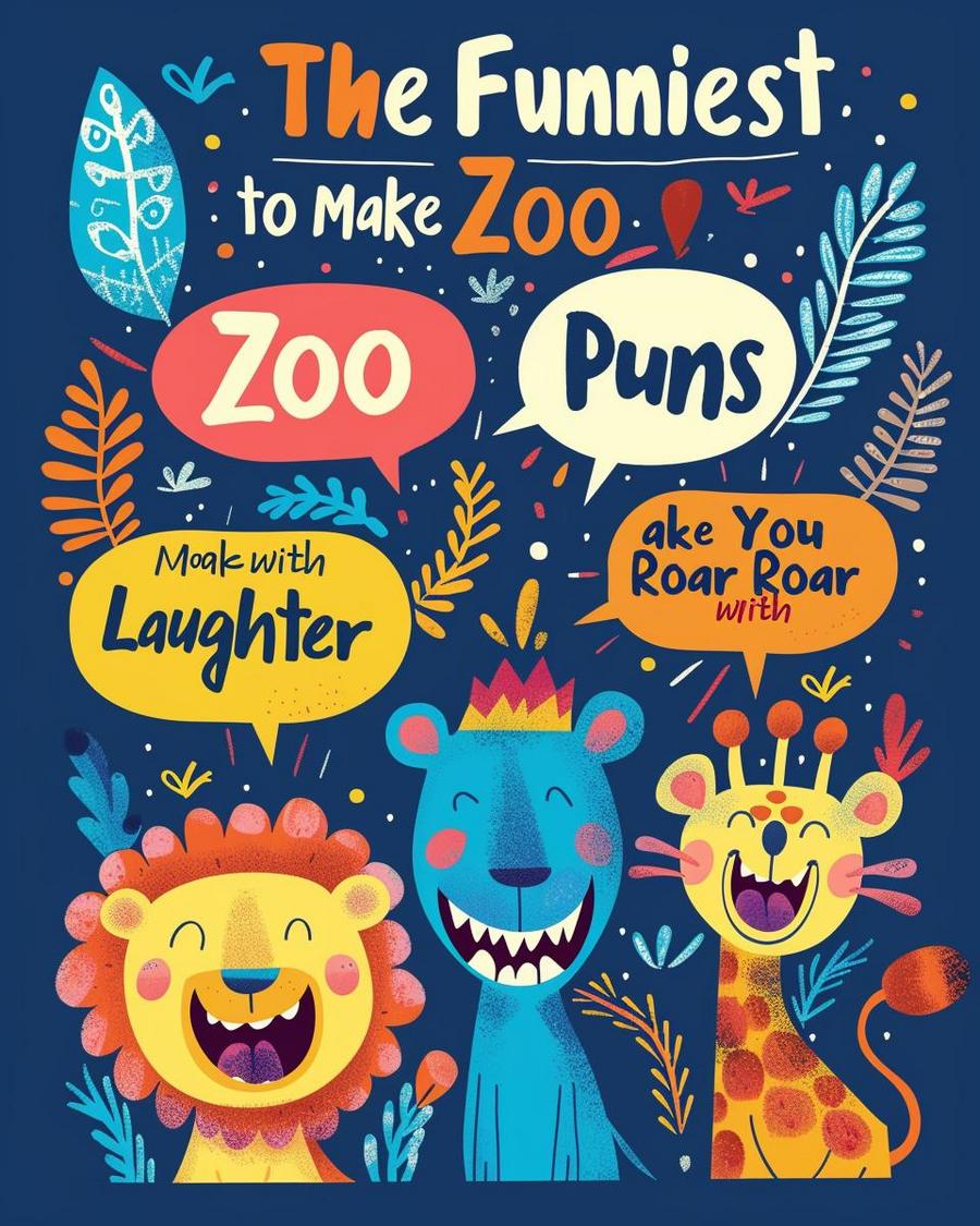 "Children laughing at zoo sign with funny zoo puns about various animals."