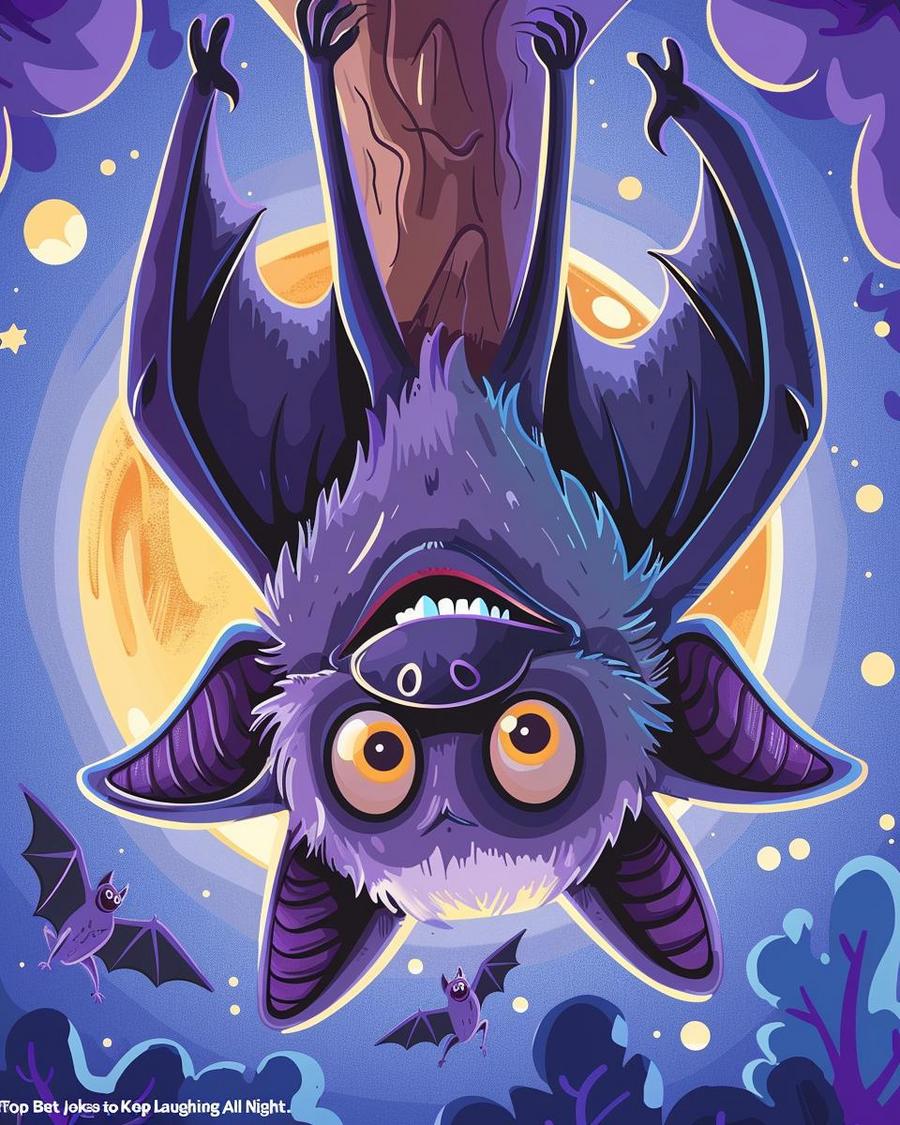 Cartoon bat with "Bat-tery Life" pun, showcasing humorous bat jokes and animal puns.