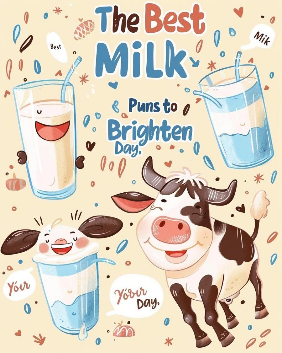 Carton with milk puns, dairy delights making you laugh, humorous dairy-themed jokes.