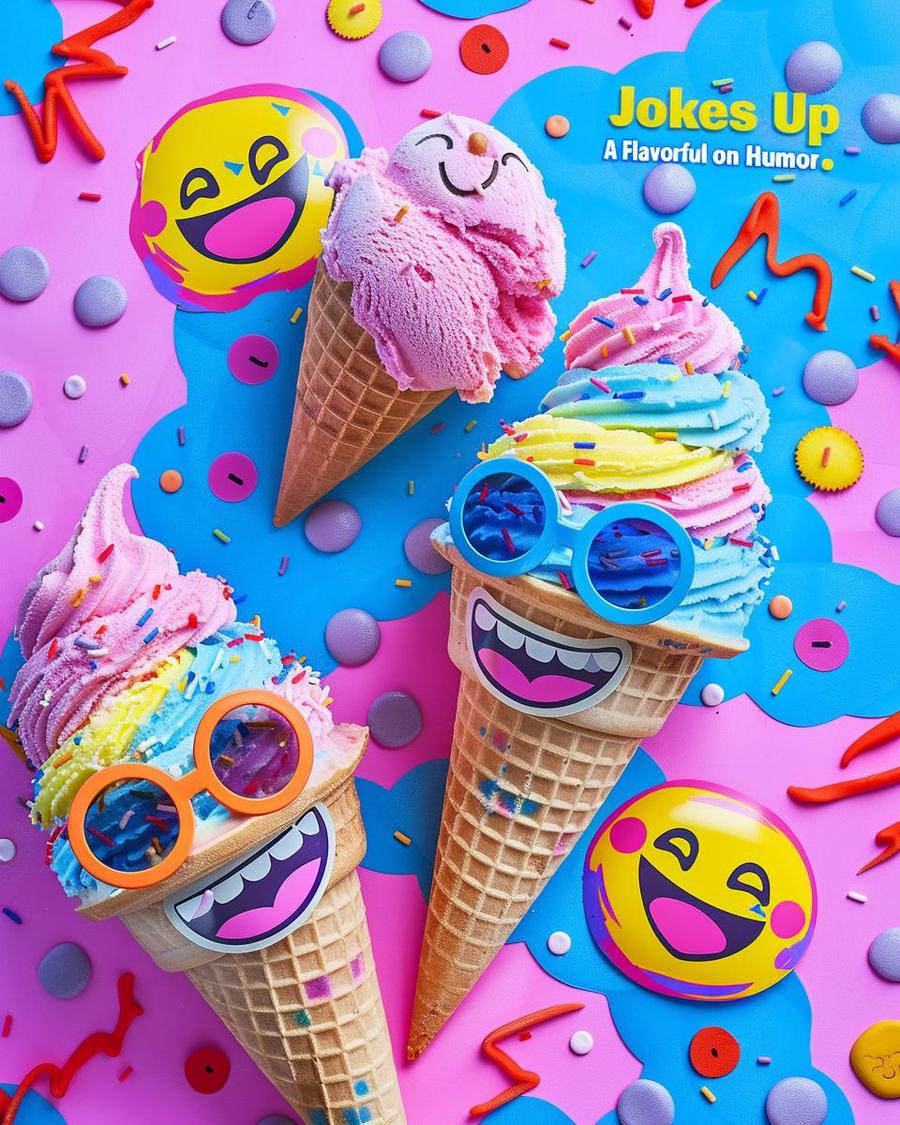 Colorful ice cream scoops with toppings; jokes up ice kream theme sign in the background.