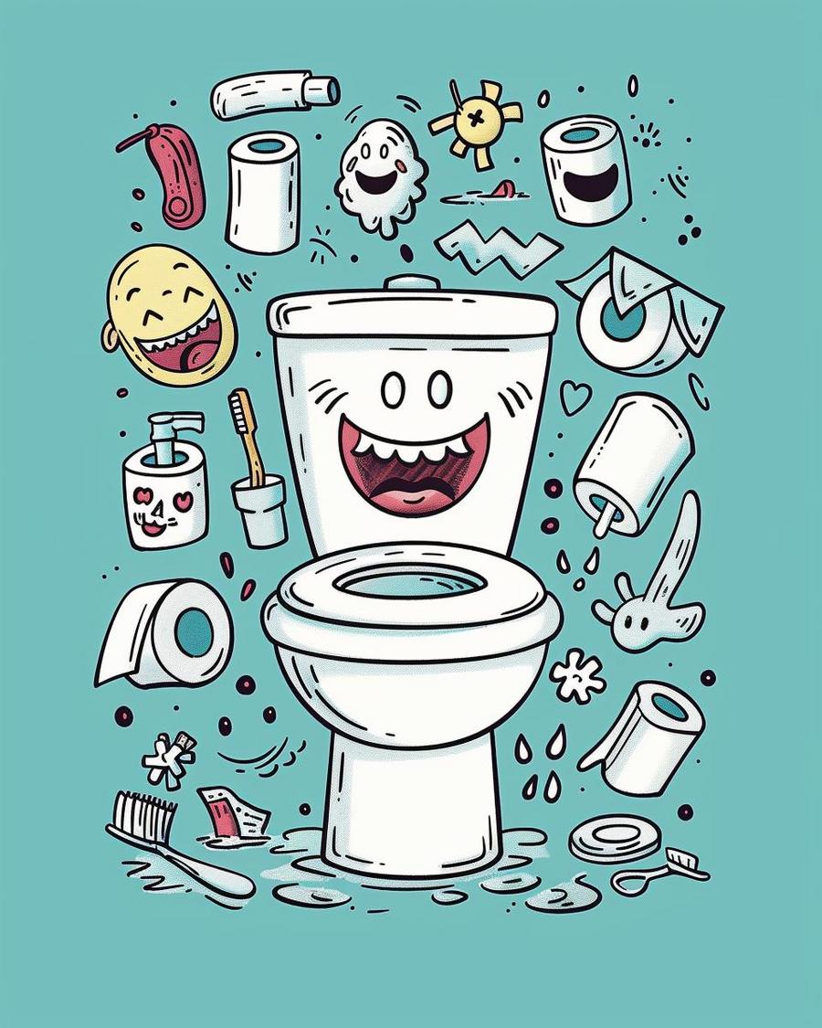 Cartoon toilet with speech bubble, titled "Flush Funnies," featuring humorous toilet jokes.