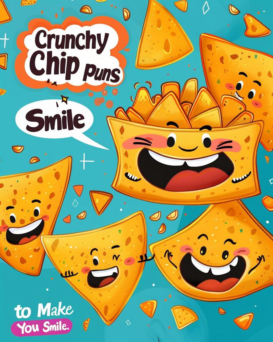 Funny image featuring creative, delicious chip puns and snacks, perfect for food lovers.