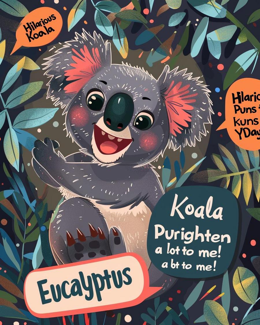 Koala munching on eucalyptus leaves with a cute smirk, perfect for koala puns and humor.