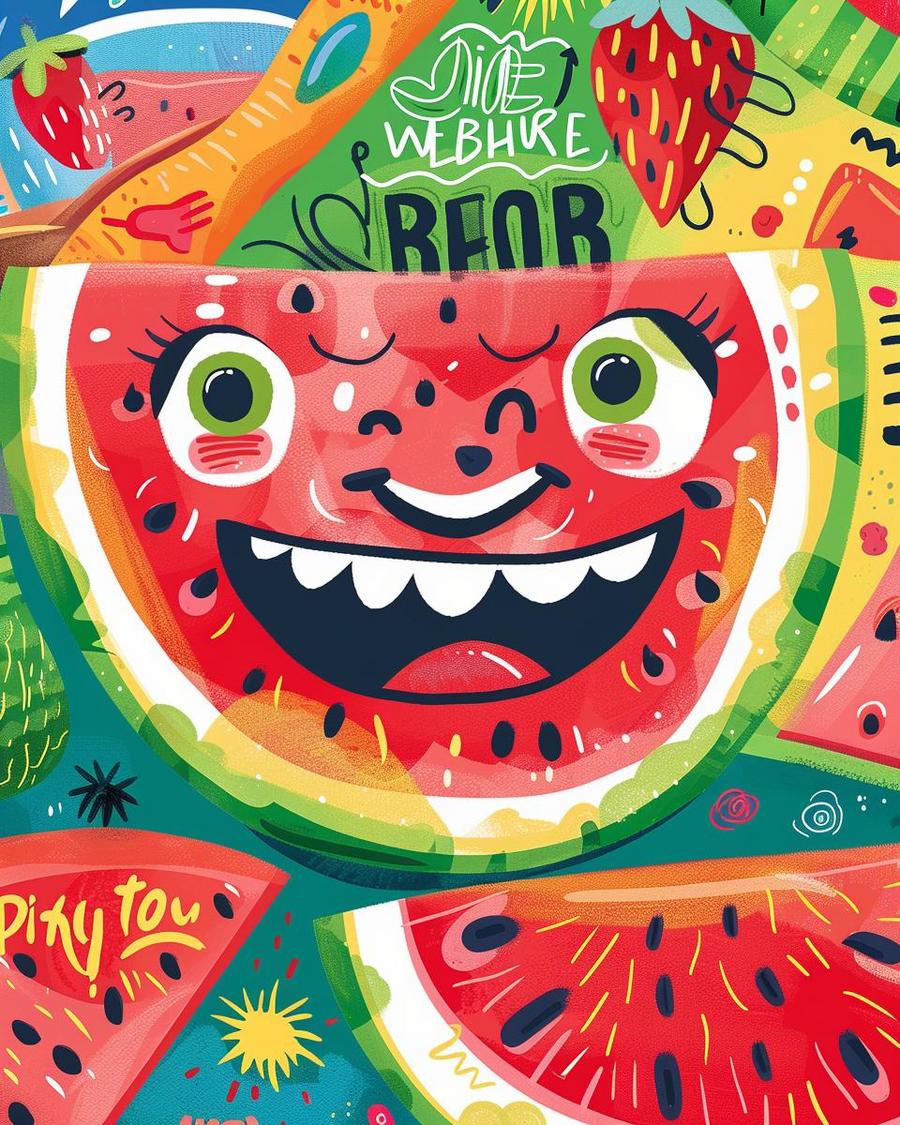 Colorful illustration of watermelon puns on a sunny day, featuring funny fruit characters.