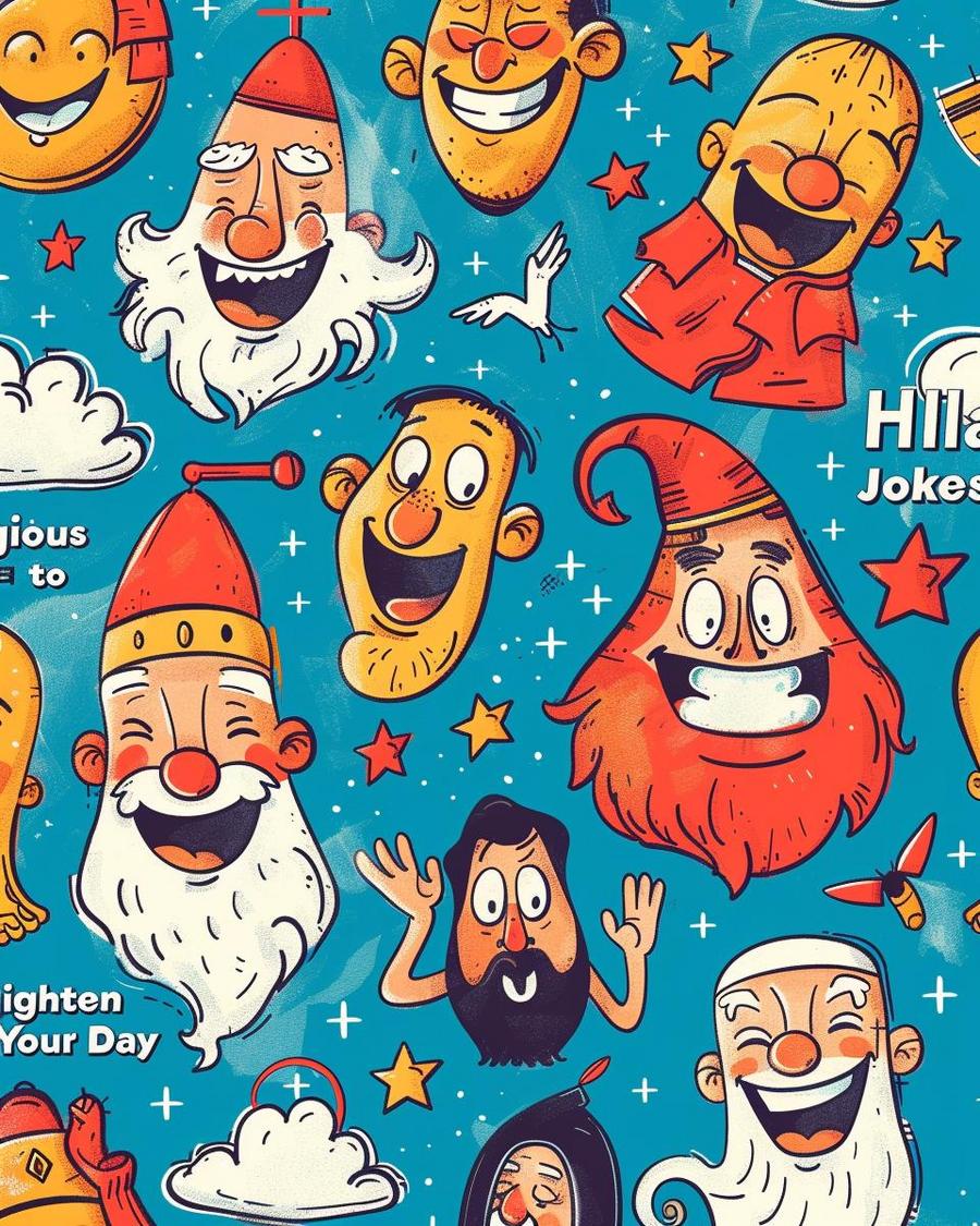 Cartoon about heaven and hell with humorous religious jokes and witty puns.