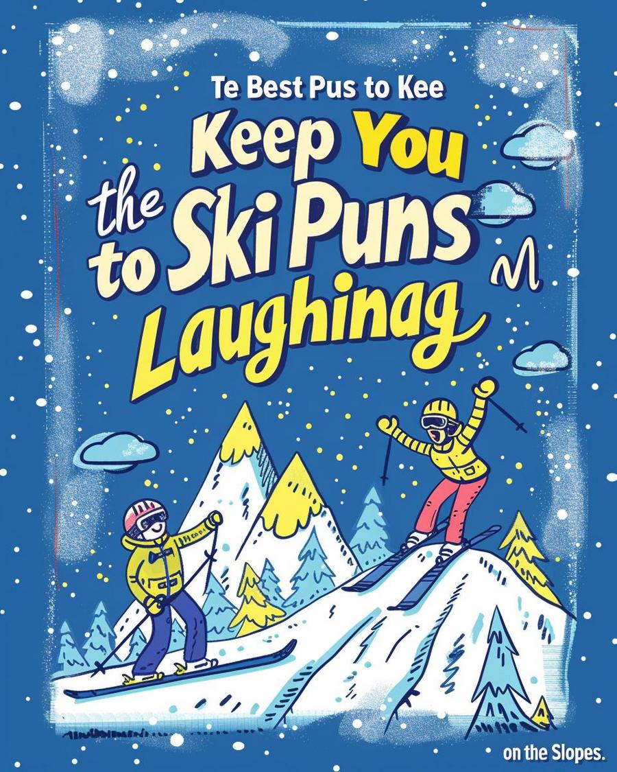 People laughing on a snowy mountain slope, enjoying ski puns during winter sports activities.