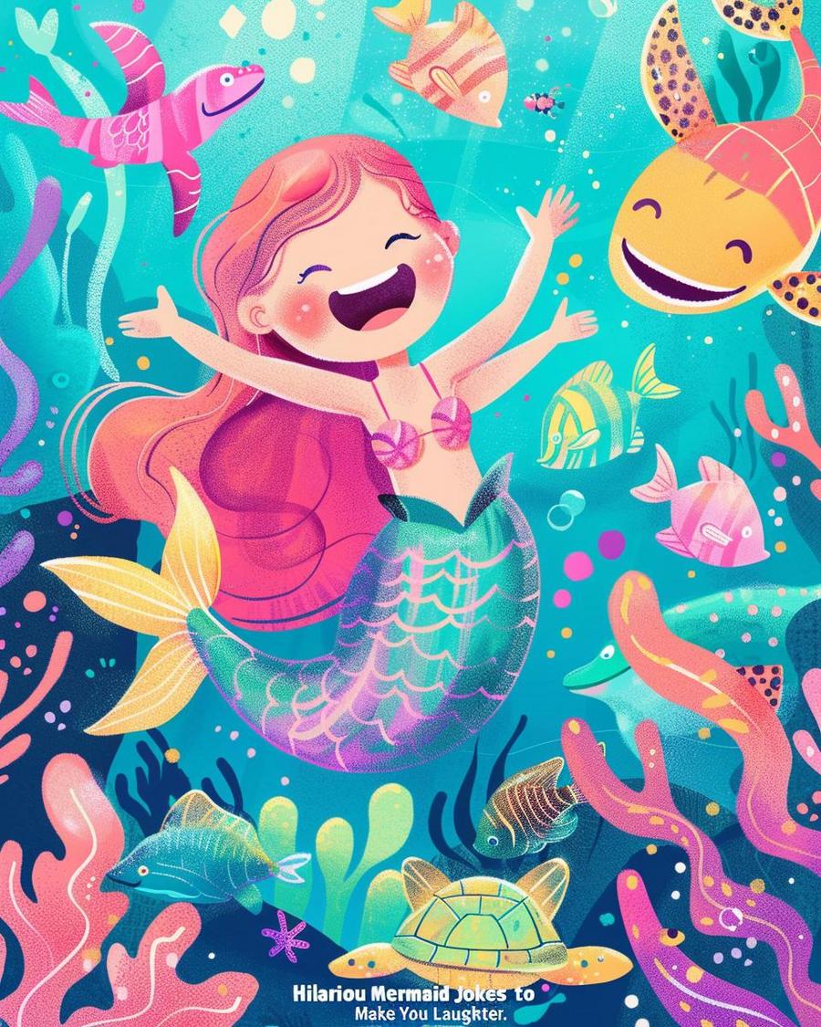 "Cartoon mermaid laughing underwater, perfect for sharing mermaid jokes, with ocean background."