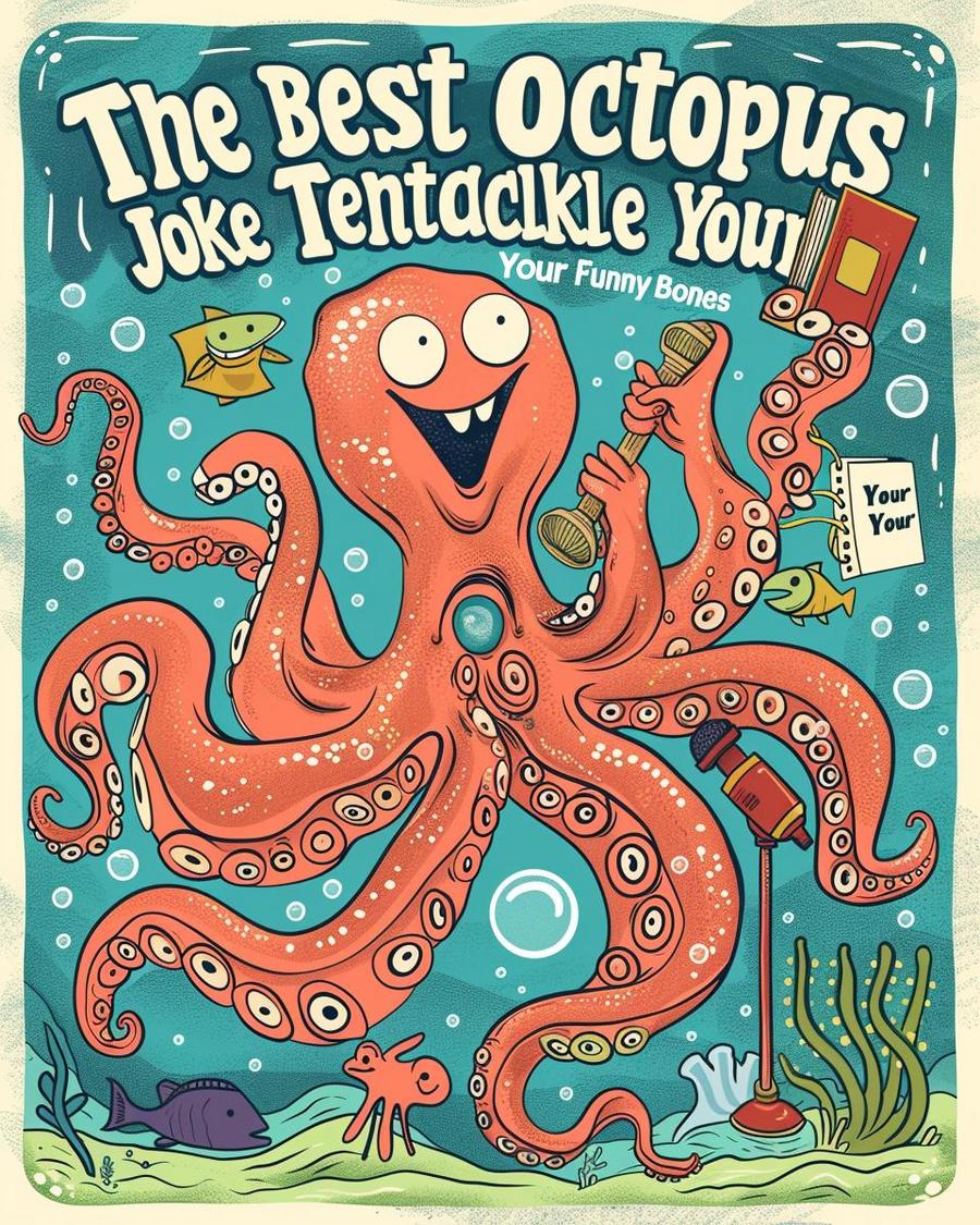 Funny octopus at a party delivering hilarious tentacle-themed octopus jokes and puns.