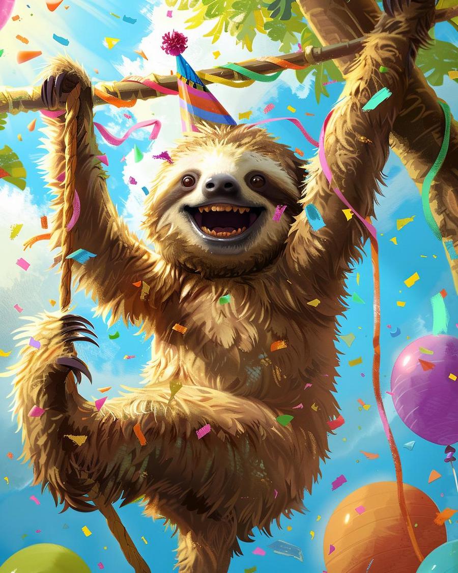 Sloth jokes: A sloth smiling while holding a sign with a funny joke