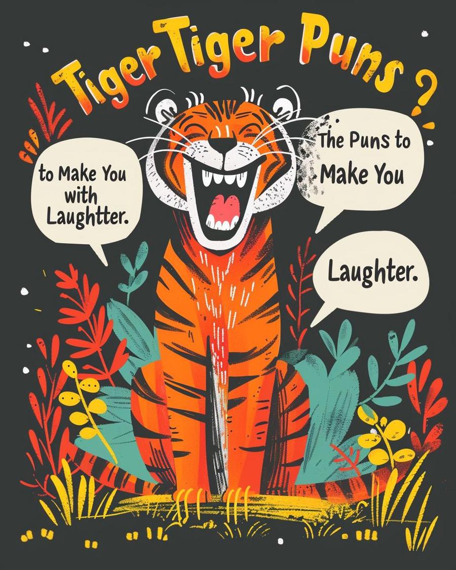 Tiger roaring with text overlay: "Tiger-ific animal puns to make you roar with laughter."