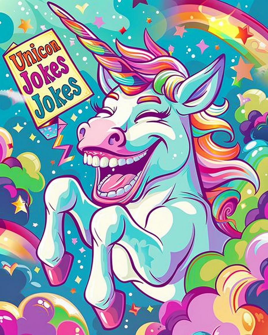 Unicorn jokes: cartoon unicorn laughing with a colorful horn and funny text bubbles.