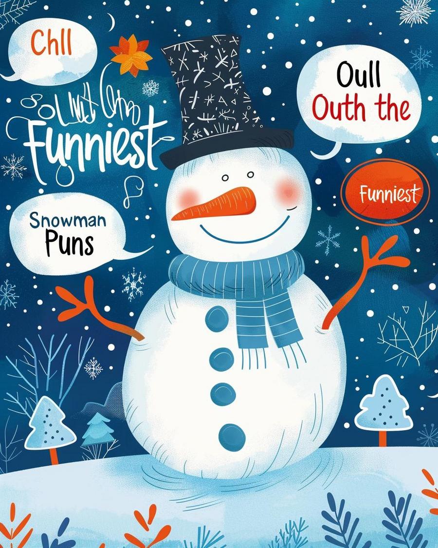 Snowman surrounded by snowflakes with playful text, perfect for snowman puns and winter fun.