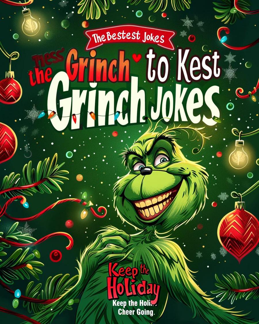 The Grinch laughing, sharing hilarious Grinch jokes at a festive Christmas party.