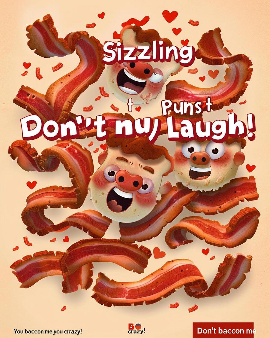 Cartoon bacon slices making breakfast jokes, perfect for those who love bacon puns.