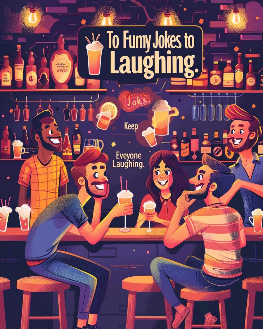 People laughing at a bar, sharing funny bar jokes over drinks.