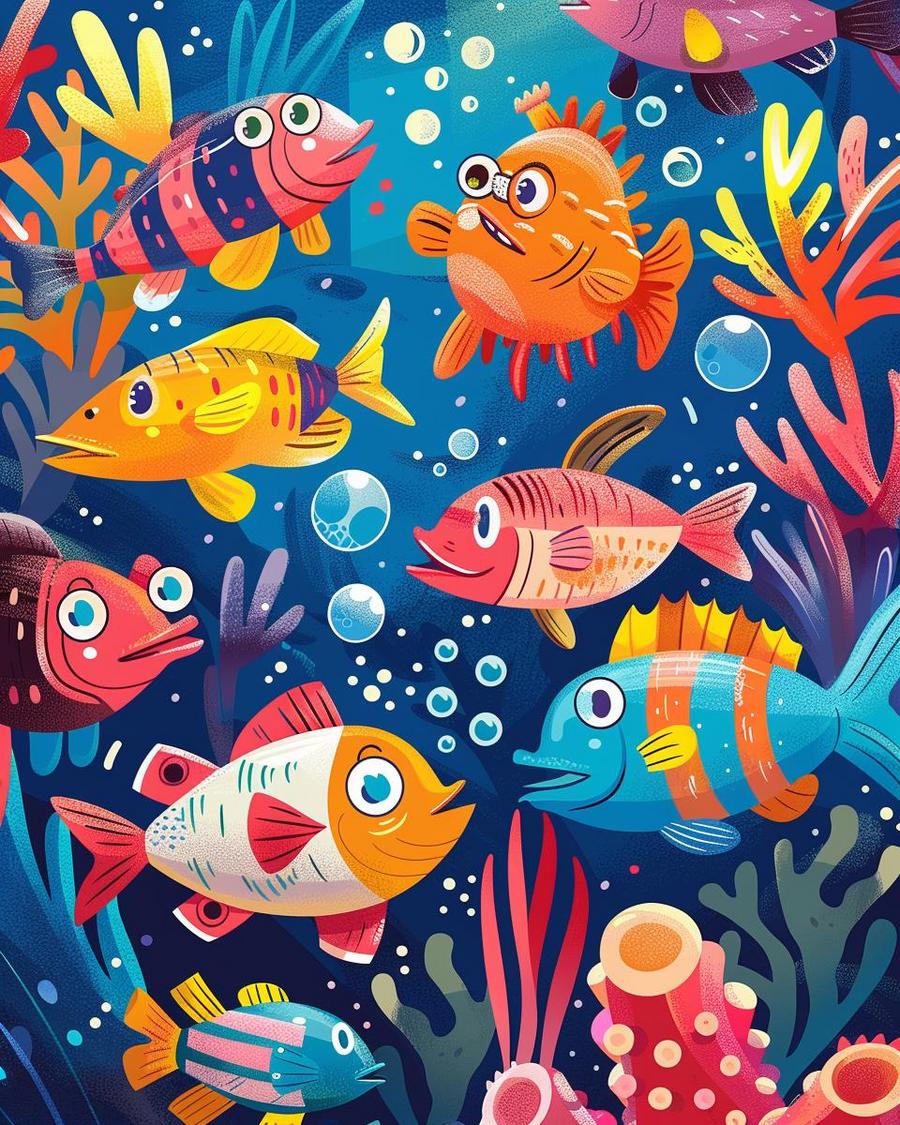 Funny fish jokes illustrated with playful aquatic characters that will get you hooked.