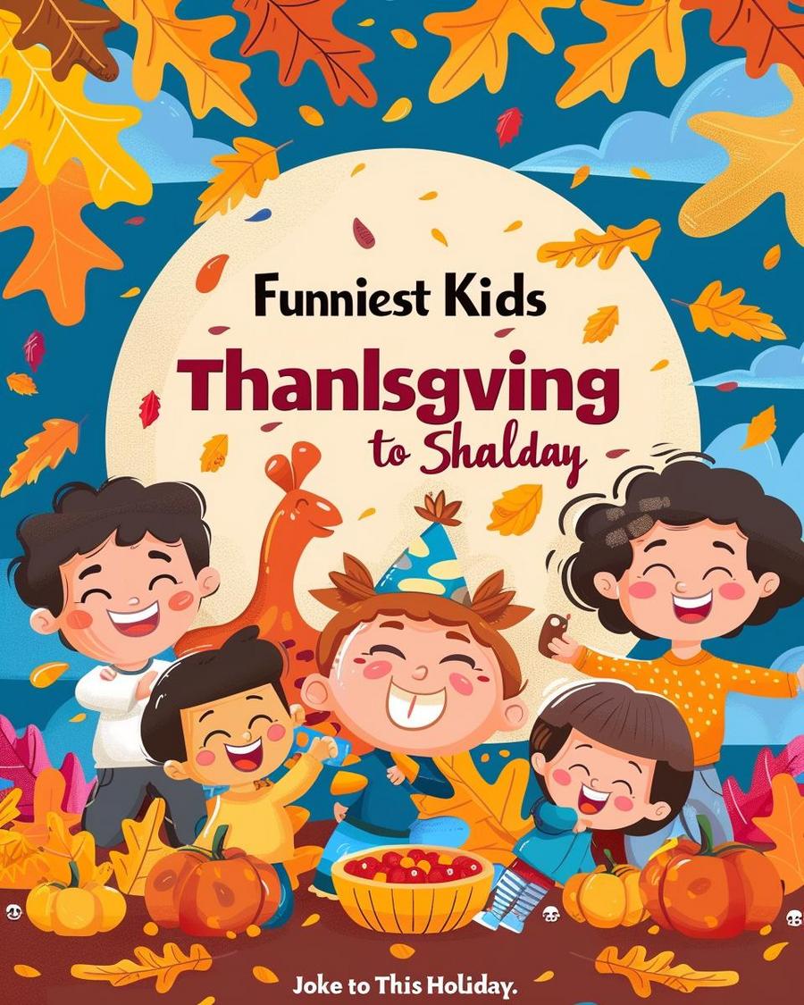 Kids laughing at Thanksgiving dinner table with funny kids Thanksgiving jokes and food puns.