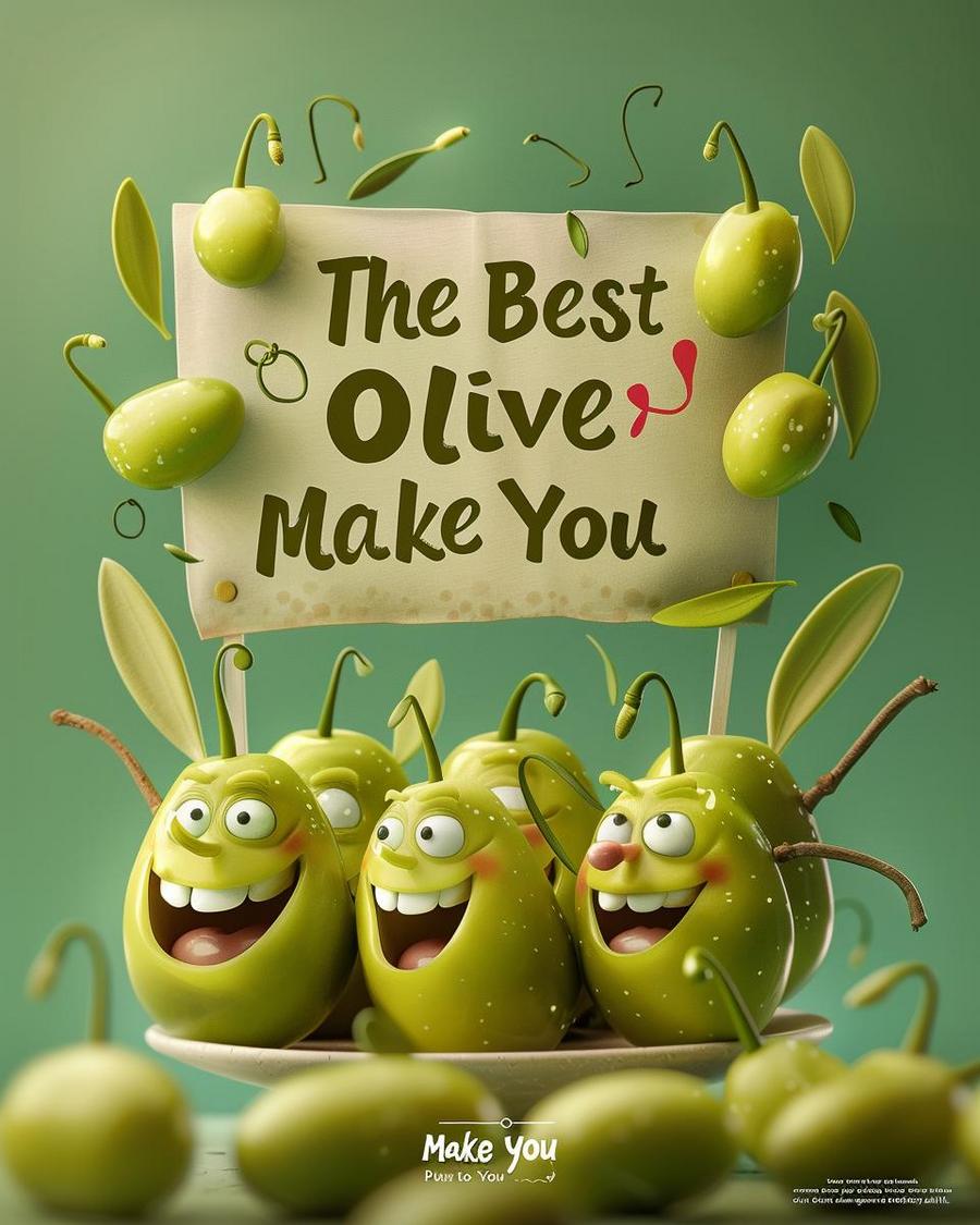 Plate of assorted olives with "olive puns" written playfully on a chalkboard.