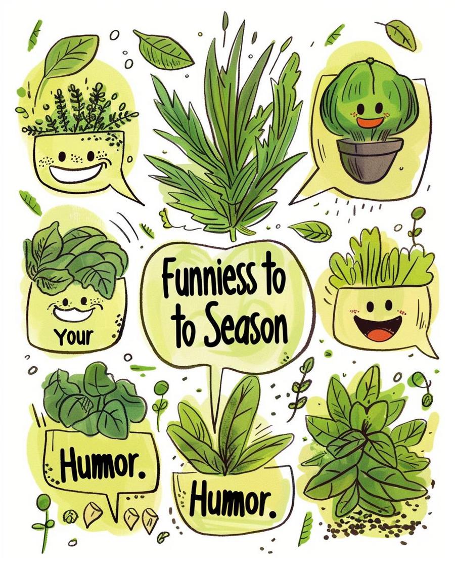 Herb puns galore: a garden scene filled with playful, humorous plant signs.