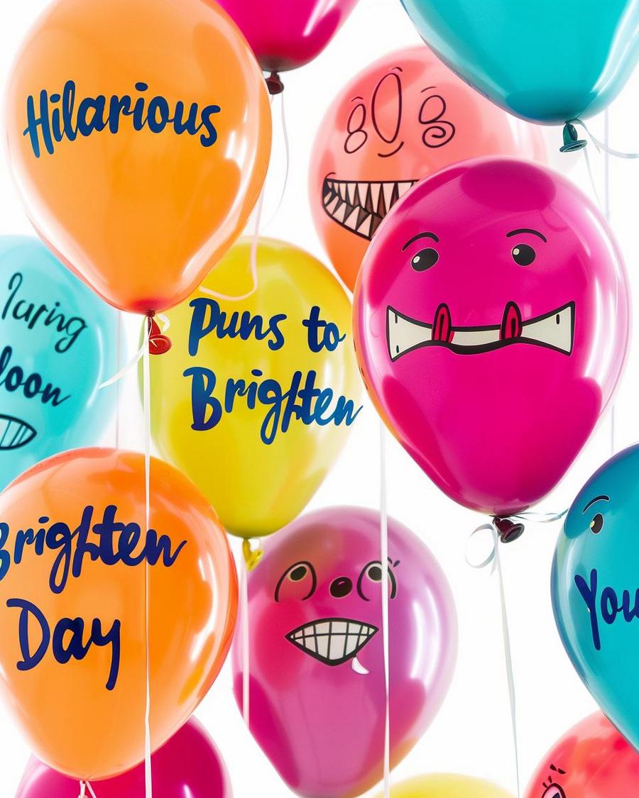 Colorful balloons with smiley faces and witty balloon puns, bringing joy and laughter.