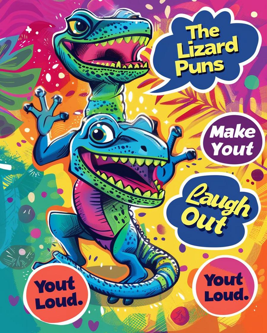 Close-up of a green lizard with humorous text, emphasizing clever lizard puns and wordplay.