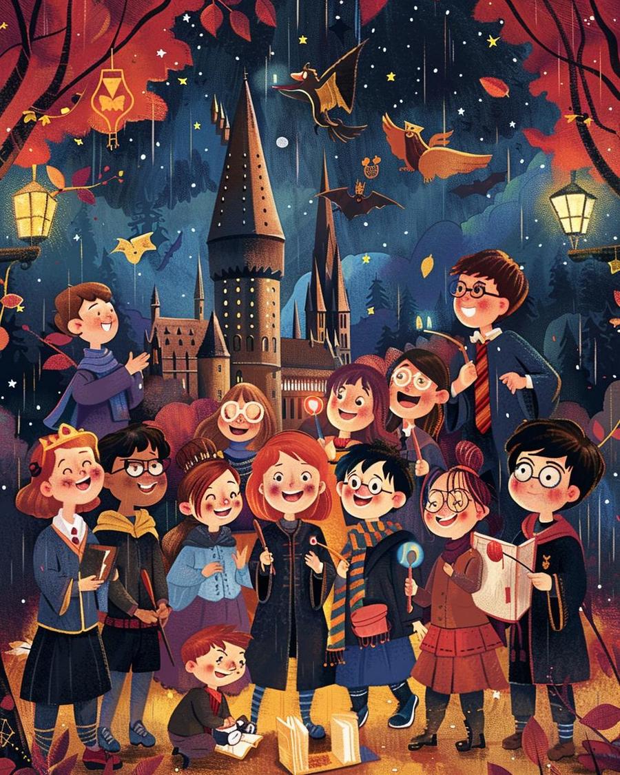 "Cartoon magical creatures laughing with harry potter jokes for kids in a whimsical scene"