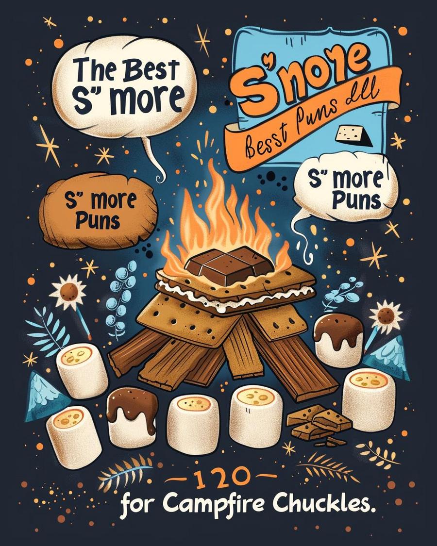 Delightful marshmallow mayhem with fluffy and fun s'more puns around the campfire.