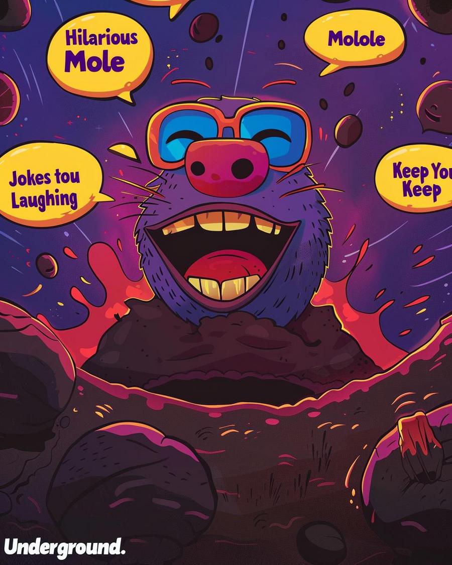 A cartoon mole with glasses telling mole jokes to other laughing moles in a burrow.