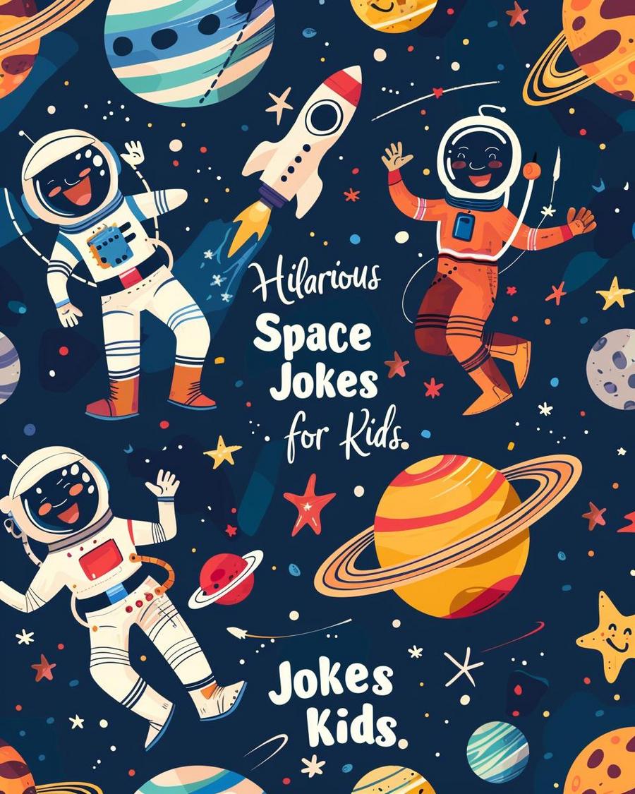 Children laughing at space jokes for kids in a colorful galaxy setting with planets.