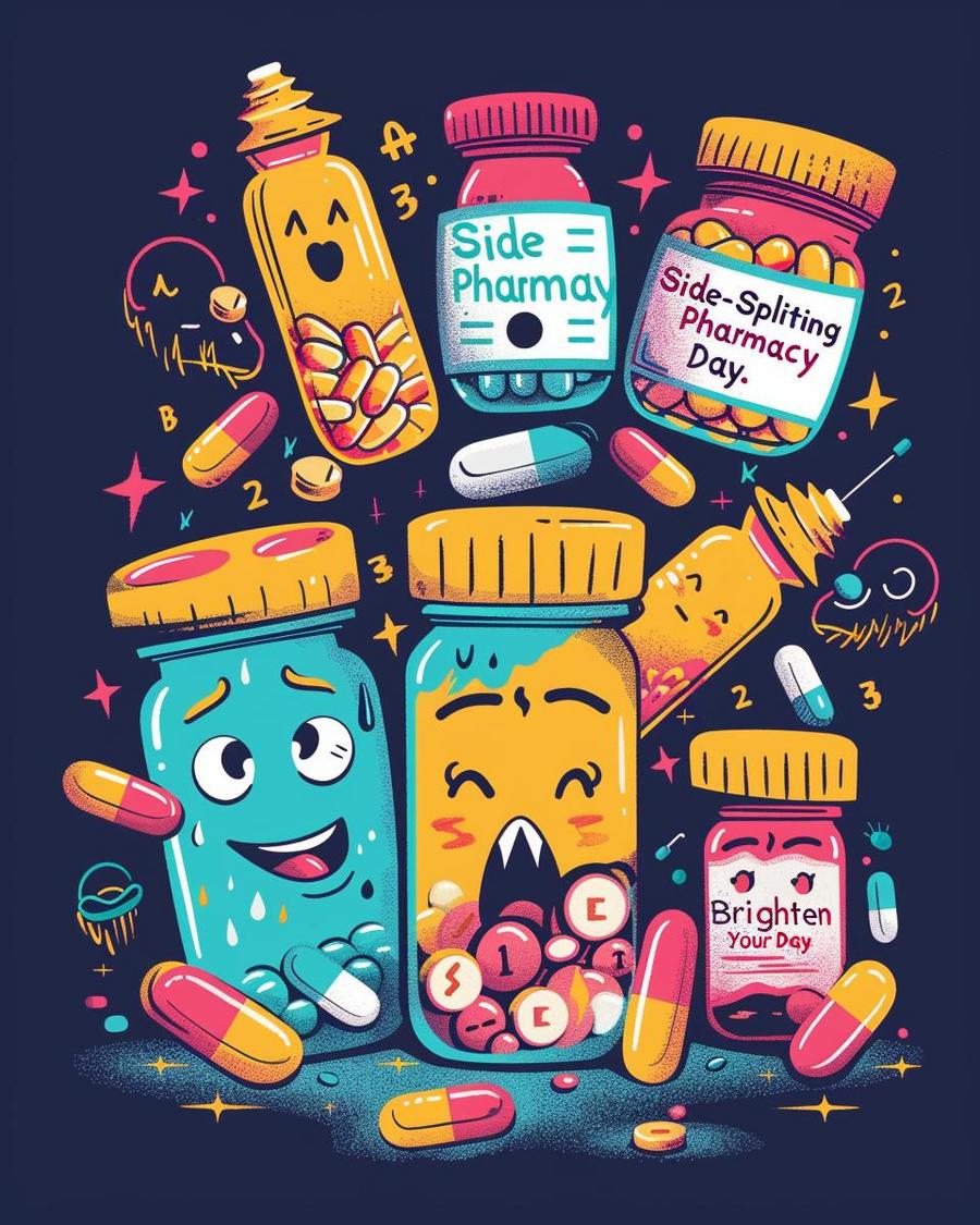 Prescription bottle with humorous label, showcasing clever pharmacy puns and playful medical humor.