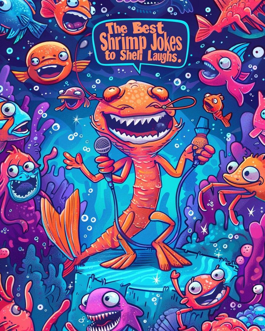 Fresh shrimp laughing together under the sea, showcasing classic seafood-themed shrimp jokes.