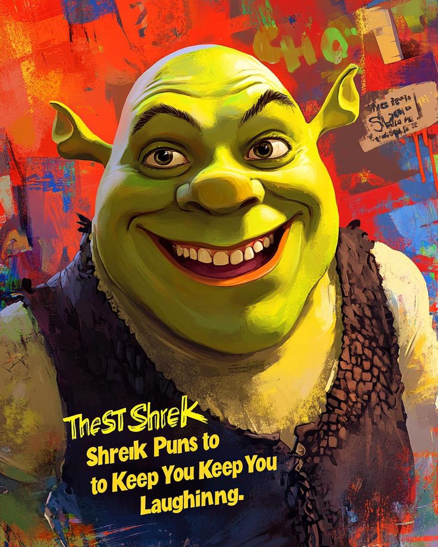 Shrek laughing at funny signs with Shrek puns, showcasing his green humor.