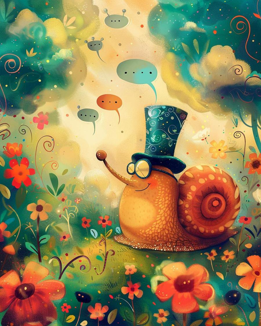 A cartoon snail delivers snail jokes with a smiling face against a vibrant background.