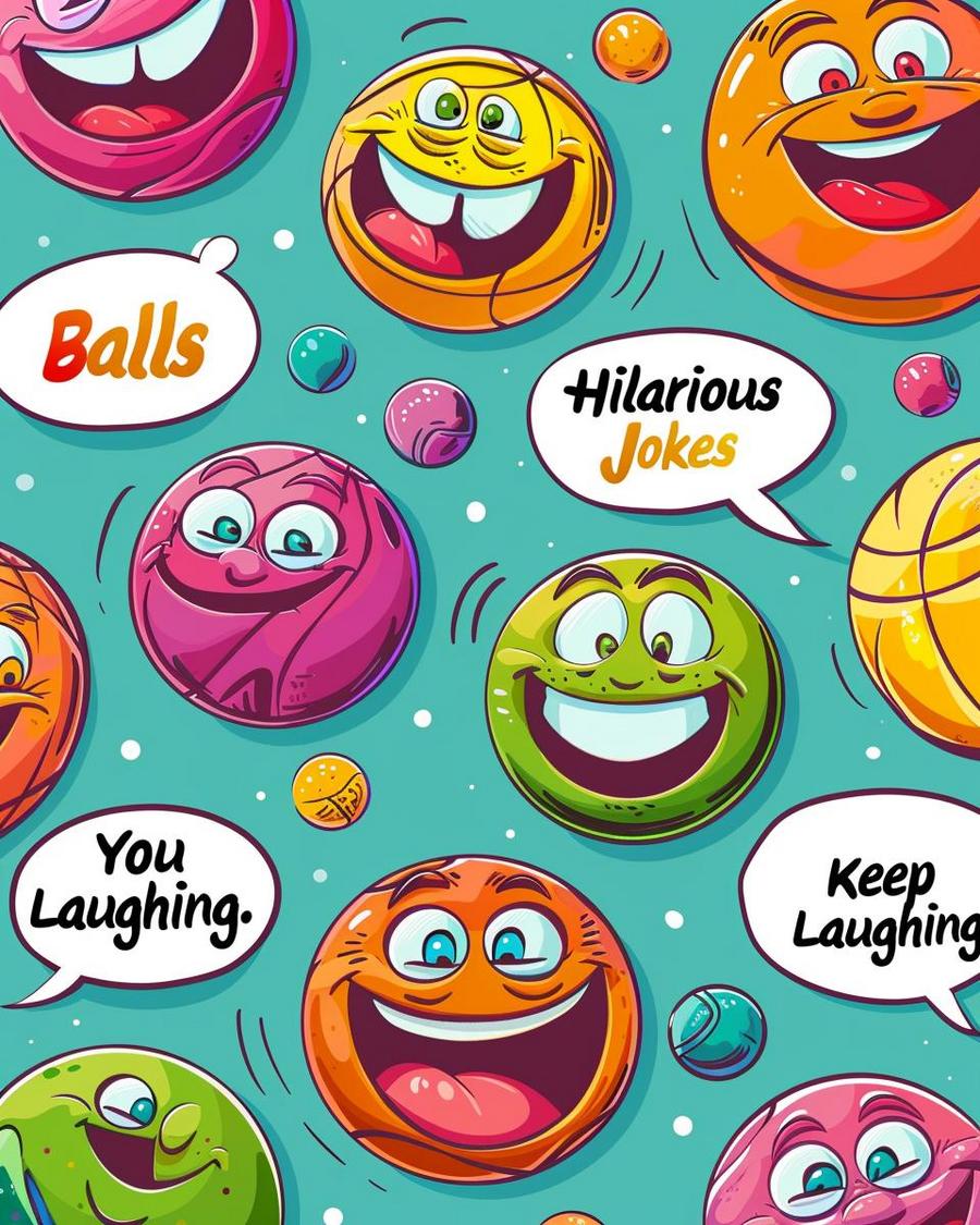 Funny sports balls jokes poster with various types of sports balls illustrated.