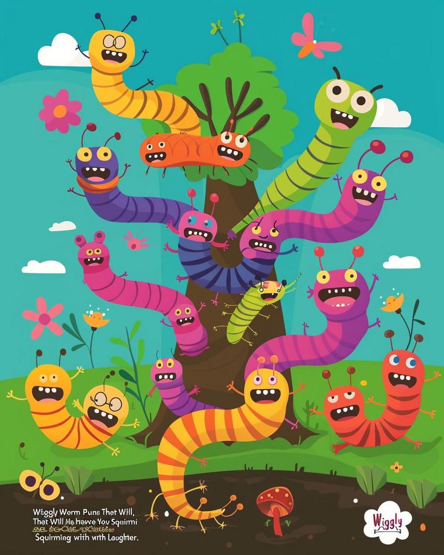 Cartoon worms squirm and wriggle with funny expressions, showcasing creative worm puns.